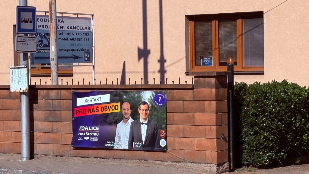 Plachta Koalice pro Šestku na zdi v obvodu